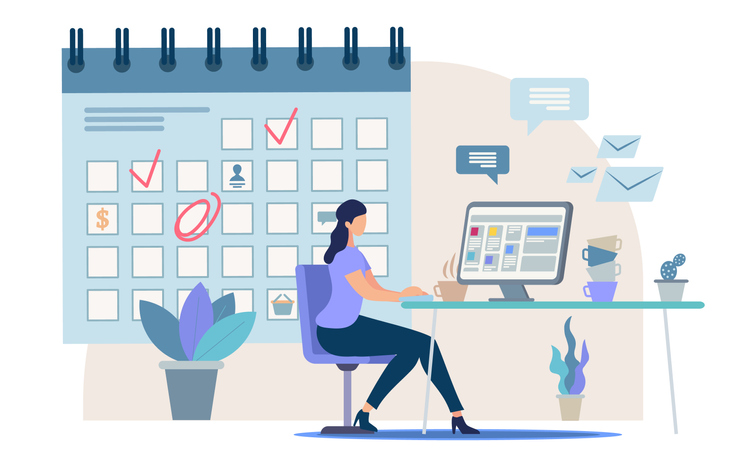 Planning Business Activity, Time Management Flat Vector Concept Businesswoman, Female Office Worker, Company Employee Sitting at Work Desk, Making Tasks and Meetings Reminders in Calendar Illustration (Planning Business Activity, Time Management Flat 